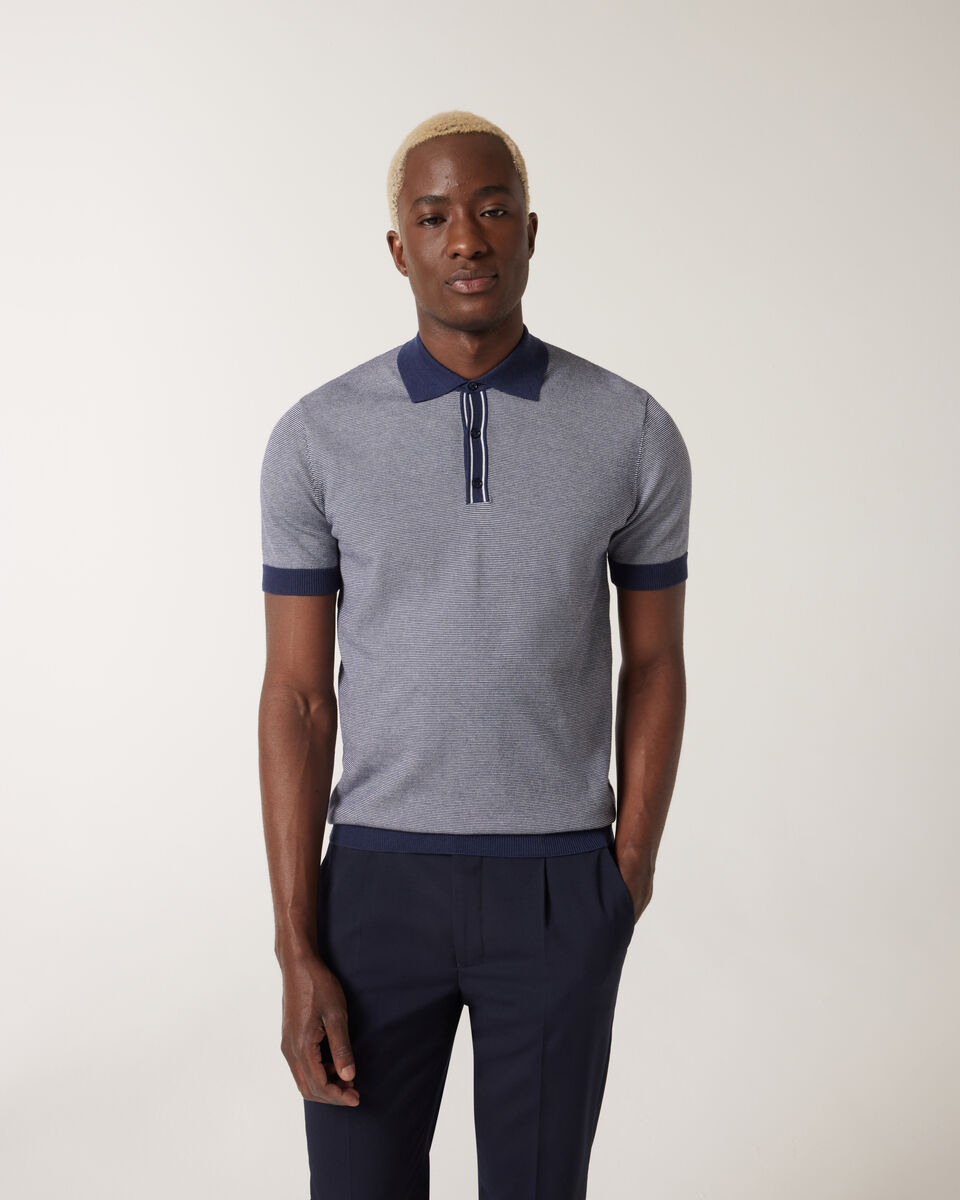 Striped Button-up Collar Polo, Navy, hi-res